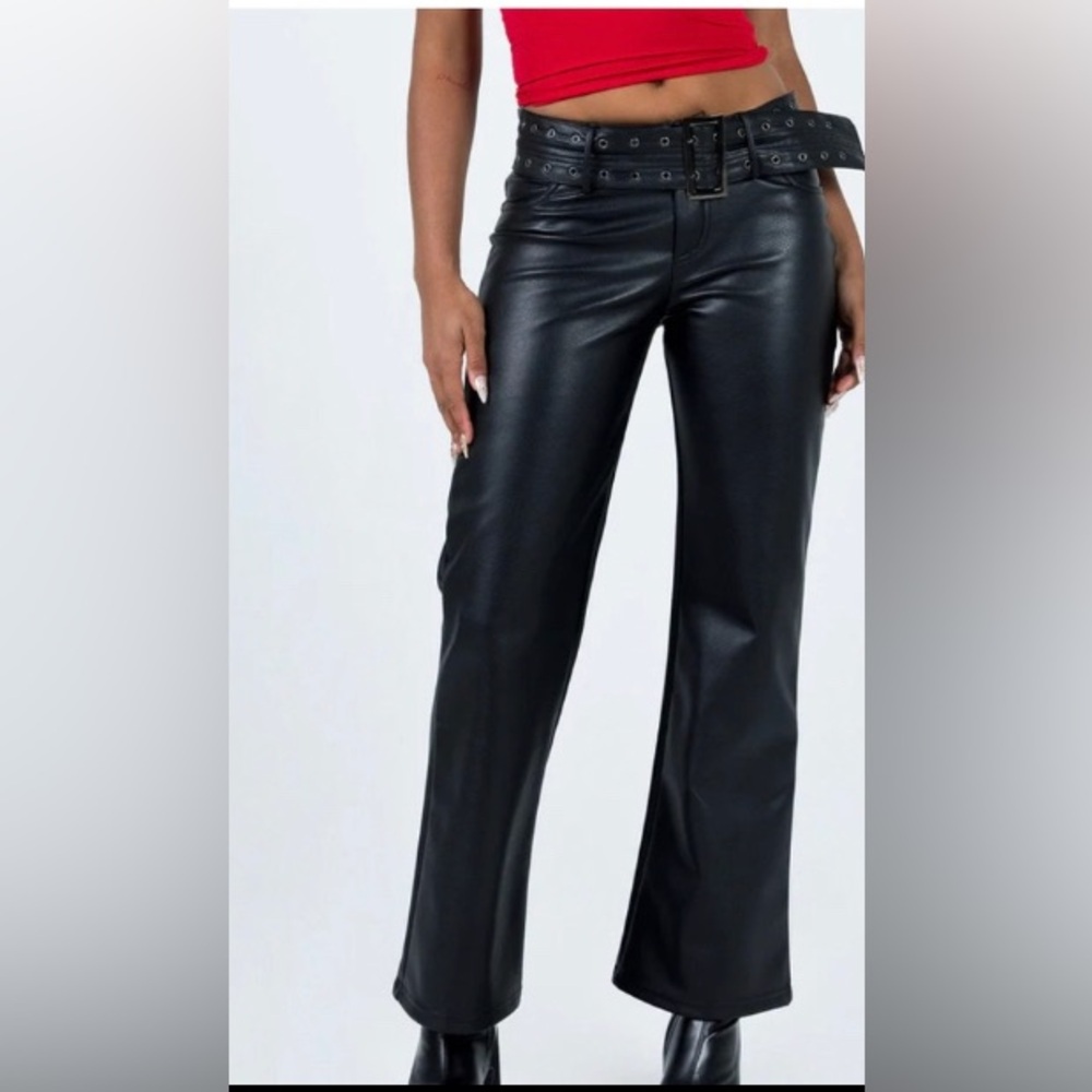 Princess Polly Black Faux Leather Pants with EyeletBelt, low rise, size 4